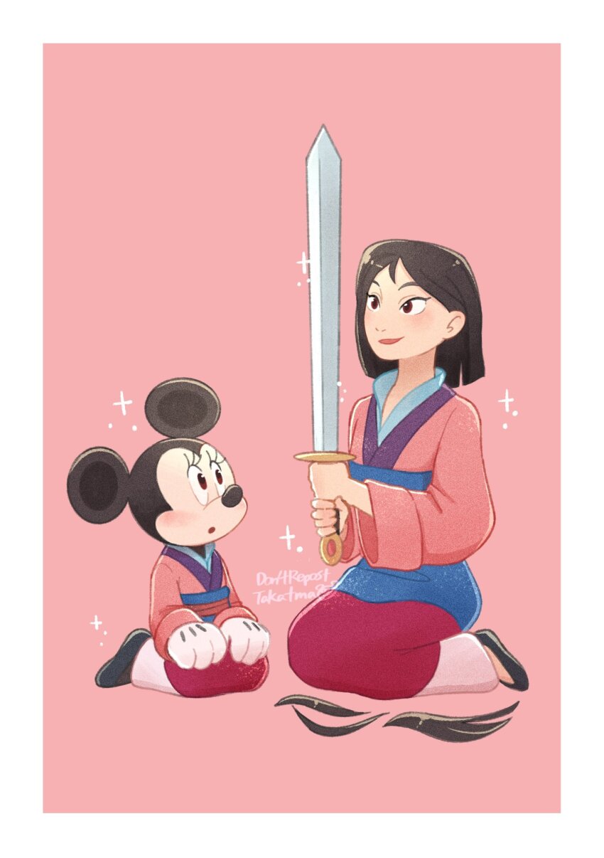 1girl 2girls alternate_costume animal_ears black_hair chinese_clothes company_name disney dress fa_mulan_(disney) highres minnie_mouse minnie_mouse_ears mouse_ears mouse_girl mulan_(movie) multiple_girls pink_dress simple_background sitting smile sword takatmaorange weapon
