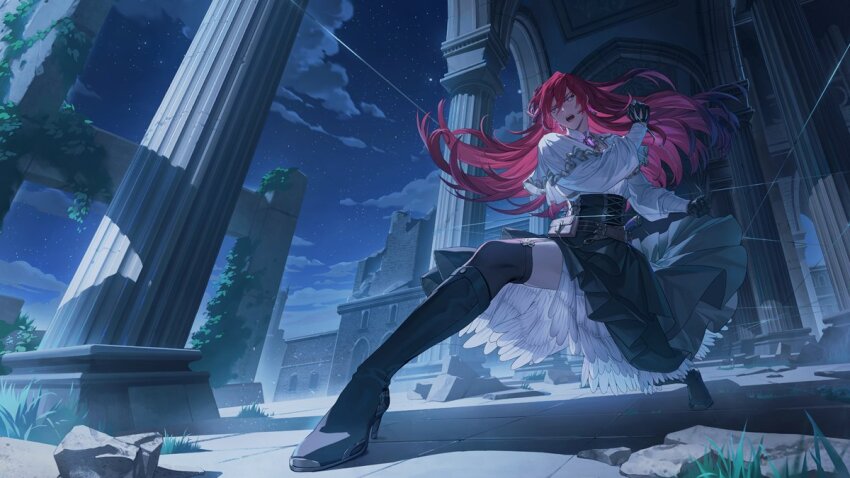 1boy androgynous arch belt belt_pouch black_boots black_gloves black_skirt black_thighhighs boots brooch brown_belt chinese_commentary clenched_hands clothing_cutout cloud commentary_request crossdressing crossdressing_(mtf) earrings fighting_stance flower foreshortening full_body garter_straps gloves grass hair_between_eyes hair_flower hair_ornament high-waist_skirt high_heel_boots high_heels holding holding_string hyasha_(noctilucent) jewelry knee_boots layered_sleeves legs_apart long_hair long_sleeves looking_ahead male_focus mandarin_collar night night_sky noctilucent:_before_dawn open_mouth pillar pouch puffy_long_sleeves puffy_sleeves pulling purple_eyes red_hair rock ruins ryleeart00 serious shadow shirt short_over_long_sleeves short_sleeves side_cutout side_slit skirt sky solo standing string thighhighs v-shaped_eyebrows white_shirt