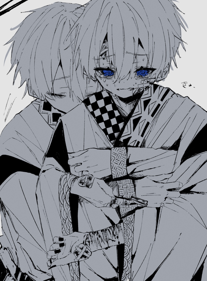 2boys absurdres bandaid bandaid_on_cheek bandaid_on_face bandaid_on_finger bandaid_on_hand bleeding blood blue_eyes bruise bruise_on_face closed_eyes cuts facing_viewer hair_between_eyes halo hands_up highres holding holding_razor hug hug_from_behind injury japanese_clothes kimono kuro_(piyopiyomaru_(piyopiyomaru_0) long_sleeves looking_at_viewer male_focus monochrome multiple_boys original parted_lips piyopiyomaru_(piyopiyomaru_0) razor sad self-harm self-harm_scar shiro_(piyopiyomaru_(piyopiyomaru_0) short_hair slit_wrist speech_bubble sweat sweatdrop tearing_up tears