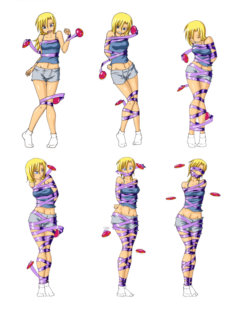 1girl absurdres arms_behind_back bare_stomach bdsm belly blindfold blonde_hair blue_eyes blue_shorts blue_tank_top bondage bound bound_ankles bound_arms bound_legs bound_thighs bound_toes bound_torso bound_wrists breasts collarbone comic female_focus frown gag highres immobilization improvised_gag long_hair medium_breasts multiple_views navel nikira restrained restraints rocatart short_shorts shorts simple_background socks solo_focus sportswear standing stomach struggling tank_top tape tape_bondage tape_gag taped_arms white_background white_socks wrapped wrapping