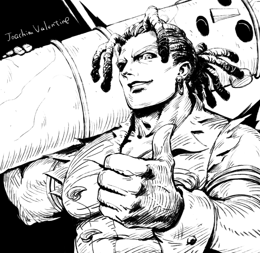 1boy artist_request earrings greyscale jewelry joachim_valentine looking_at_viewer male_focus monochrome muscular muscular_male shadow_hearts shadow_hearts_ii single_earring smile solo thumbs_up