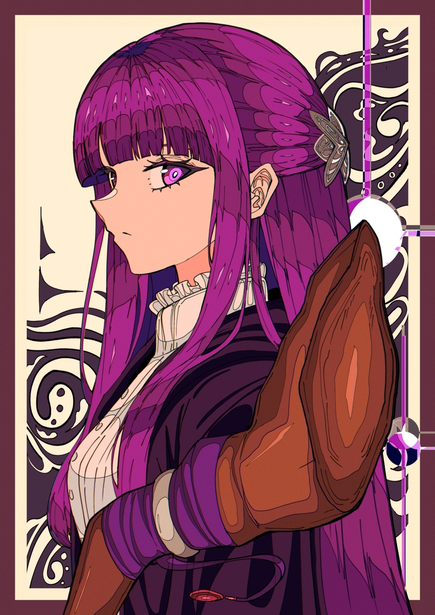 1girl abstract_background absurdres artdroiiid_ii blunt_bangs border breasts bright_pupils butterfly_hair_ornament collar collared_dress commentary dress english_commentary fern_(sousou_no_frieren) frilled_collar frills from_side hair_ornament hair_over_shoulder half_updo highres holding holding_staff large_breasts long_hair long_sidelocks looking_at_viewer mage_staff purple_border purple_eyes purple_hair purple_robe robe serious sidelocks sideways_glance solo sousou_no_frieren staff straight_hair upper_body white_dress white_pupils