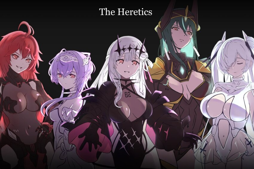 5girls ahoge armor armored_leotard black_dress black_gloves bodystocking bodysuit boobplate breastplate breasts cinderella_(nikke) cleavage cleavage_cutout clothing_cutout detached_sleeves diadem dress earrings frills gloves goddess_of_victory:_nikke green_hair grey_hair hair_between_eyes hair_intakes hair_ribbon headband headgear highres indivilia_(nikke) jewelry large_breasts leotard liberalio_(nikke) long_hair looking_at_viewer lunati_nikke marian_(nikke) medium_breasts modernia_(nikke) modernia_(second_affection)_(nikke) multiple_girls navel_cutout nihilister_(nikke) orange_eyes pink_ribbon purple_hair red_eyes red_hair ribbon see-through_cleavage see-through_clothes see-through_skirt short_hair sidelocks skirt torn_bodystocking torn_clothes twintails very_long_sleeves white_bodysuit white_hair
