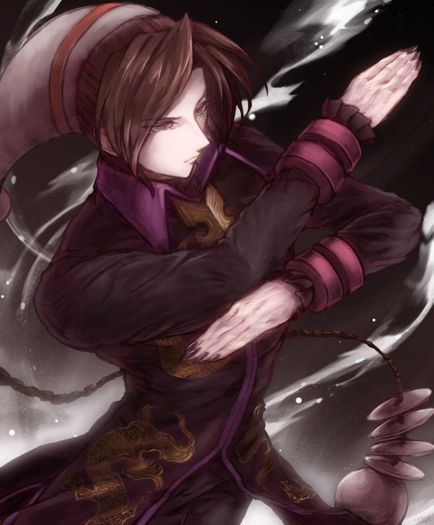 1boy absurdres braid brown_hair chinese_clothes duo_lon food_fighter_441 gradient_background highres long_hair male_focus nail_polish red_eyes single_braid snk solo the_king_of_fighters very_long_hair