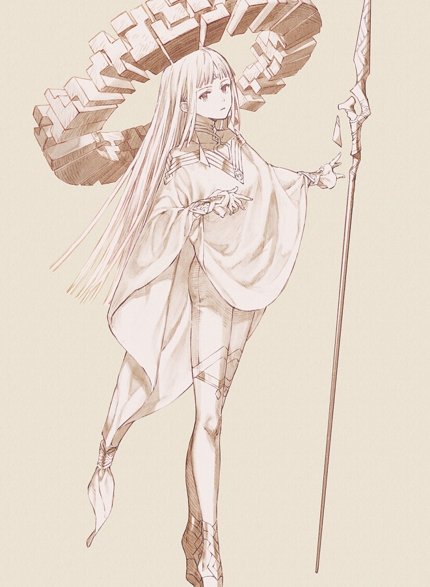1girl collarbone film_grain fingernails floating greyscale halo hatching_(texture) highres long_hair long_sleeves looking_at_viewer monochrome moryo original parted_lips sleeves_past_wrists solo staff thighhighs
