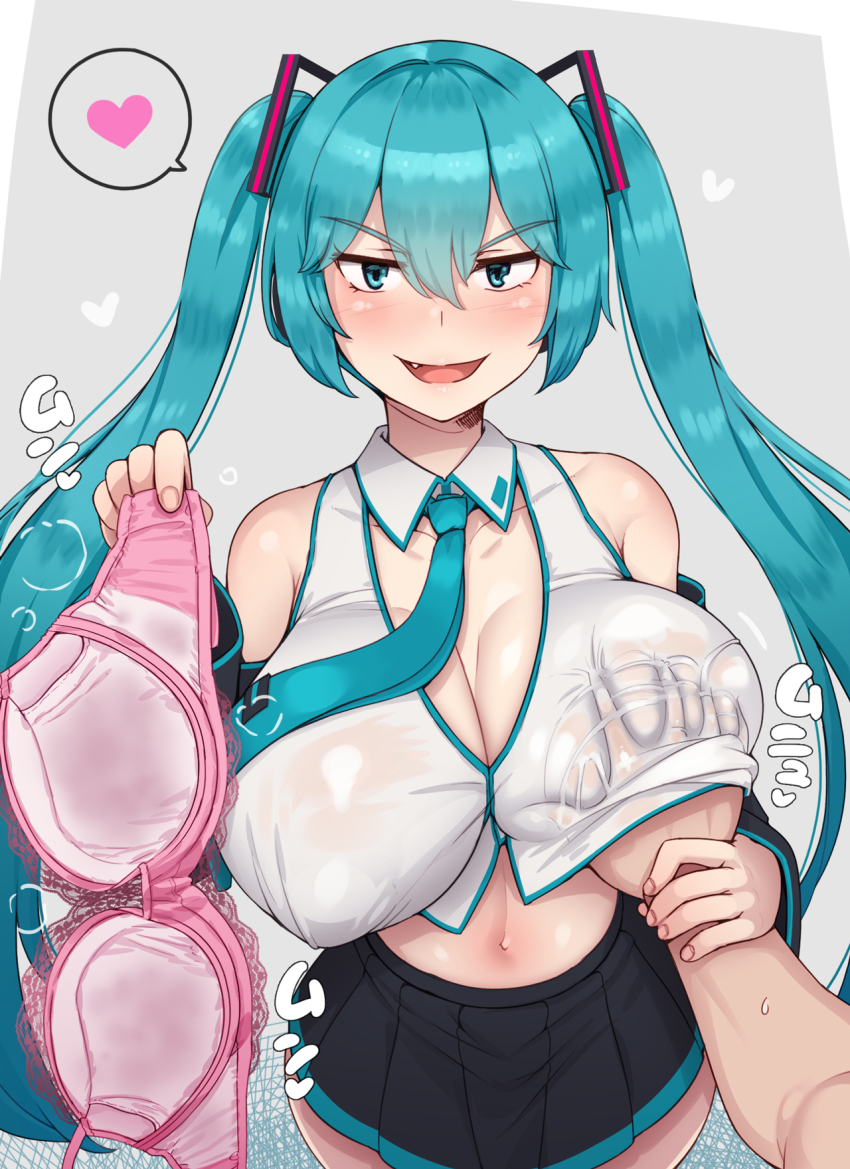 1girl 1other abubu alternate_breast_size assertive_female blue_eyes blue_hair blue_necktie bra breasts cleavage covered_erect_nipples fang grabbing_another&#039;s_breast groping guided_breast_grab guiding_hand hatsune_miku heart highres holding_another&#039;s_wrist large_breasts naughty_face navel necktie no_bra pink_bra pleated_skirt pov pov_hands presenting_bra see-through_clothes see-through_shirt shirt skirt smug speech_bubble spoken_heart steam steaming_clothes twintails underwear unworn_bra vocaloid