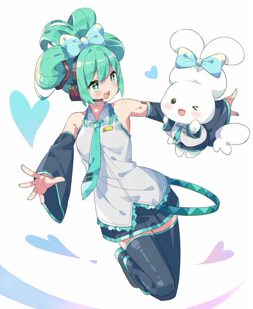 1girl alternate_hairstyle aqua_hair aqua_necktie black_boots black_skirt black_sleeves blue_ribbon boots cinnamiku cinnamoroll creature detached_sleeves full_body fuwa_fuwa_cinnamoroll grey_shirt hair_ribbon hatsune_miku heart highres jumping long_hair necktie one_eye_closed open_mouth pa._(tatuya28001) pleated_skirt ribbon sanrio shirt skirt sleeveless sleeveless_shirt smile teeth thigh_boots upper_teeth_only vocaloid wide_sleeves