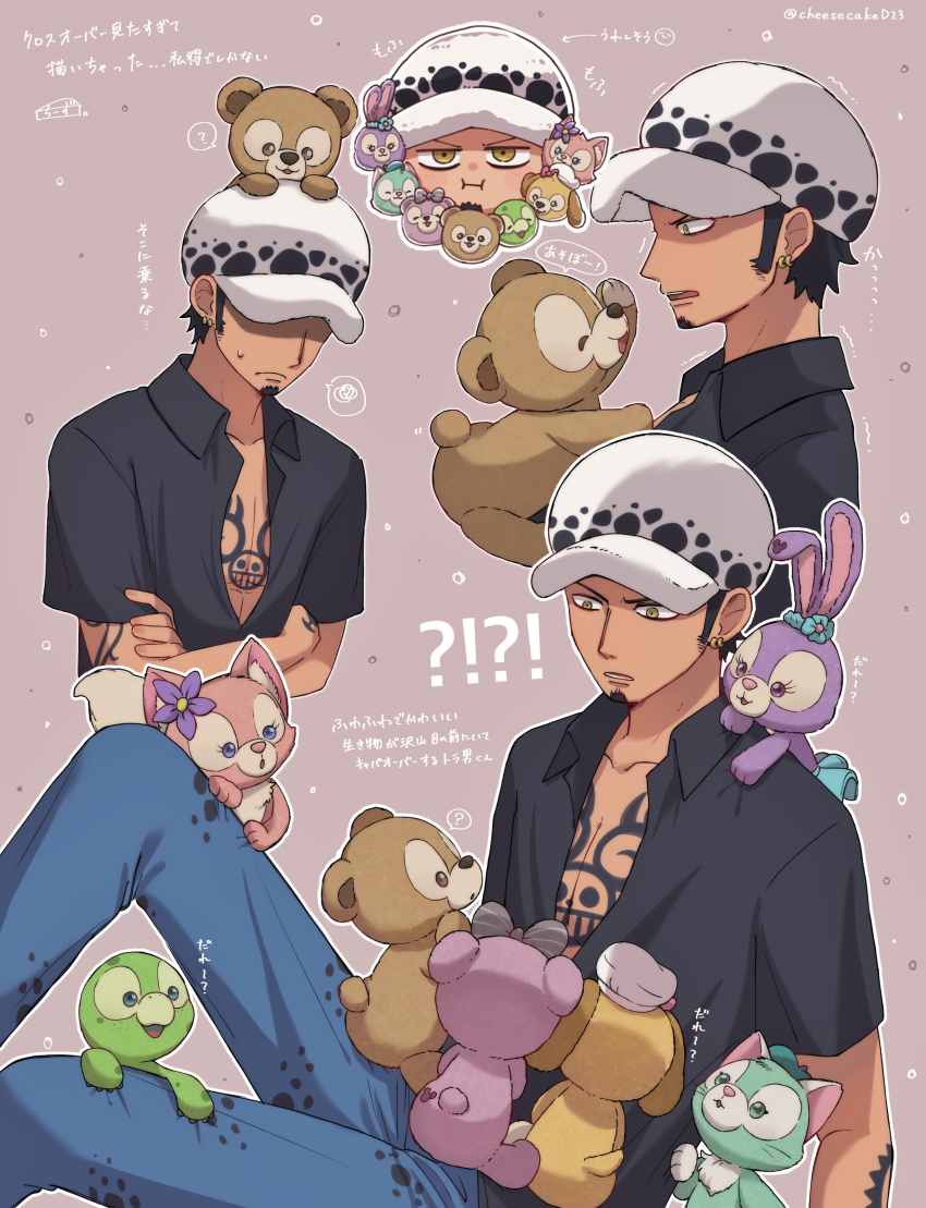 4boys 4girls absurdres animal_ears black_hair bow cheesecaked23 cookieann crossover duffy_and_friends duffy_the_disney_bear facial_hair full_body furry gelatoni goatee hat highres linabell male_focus multiple_boys multiple_girls olu_mel one_piece pants rabbit_girl shelliemay shirt sideburns smile stellalou stuffed_animal stuffed_toy tattoo trafalgar_law