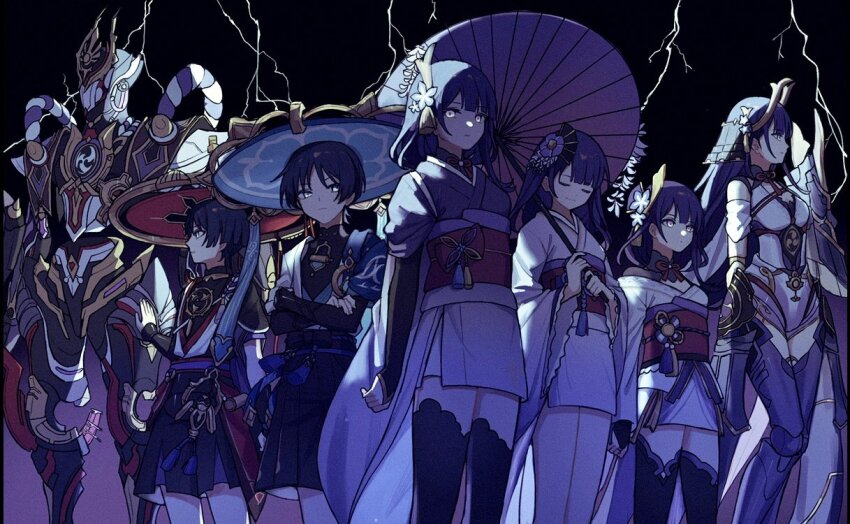 2boys 4girls alternate_costume arm_at_side armor aunt_and_nephew aunt_and_niece belt black_background black_belt black_bodysuit black_bow black_bridal_gauntlets black_hair black_kimono black_shorts black_shrug black_thighhighs blue_cape blue_flower blue_hat bodysuit bow bridal_gauntlets brother_and_sister cape chinese_knot closed_eyes closed_mouth crossed_arms detached_sleeves doll_joints electro_symbol_(genshin_impact) facing_viewer family fan_hair_ornament fingernails flower frilled_sleeves frills genshin_impact gold gold_horns grey_eyes haidate hair_flower hair_ornament hakama hakama_shorts han&#039;eri hand_on_own_arm hand_up hat highleg holding holding_umbrella japanese_armor japanese_clothes jewelry jingasa joints kimono kimono_skirt kote kurokote kusazuri layered_kimono layered_shorts long_hair long_sleeves looking_at_viewer looking_to_the_side low-braided_long_hair low-tied_long_hair makoto_(genshin_impact) mandala mandarin_collar mecha middle_ring mitsudomoe_(shape) mother_and_son multiple_boys multiple_girls neck_ring o-ring obi obiage obijime off_shoulder official_alternate_costume oil-paper_umbrella open_clothes open_hand open_kimono parted_lips pink_eyes pink_sleeves pleated_shorts purple_flower purple_kimono purple_rope purple_sash purple_shorts purple_umbrella raiden_shogun raiden_shogun_(magatsu_mitake_narukami_no_mikoto) red_hat red_kimono red_sash robot rope sash scaramouche_(genshin_impact) scaramouche_(shouki_no_kami)_(genshin_impact) shikoro shimenawa shiroha_148 short_sleeves shorts shoulder_peek shrug_(clothing) siblings side_slit sidelighting single_sidelock single_sode sisters sleeves_rolled_up smile standing tassel tassel_hair_ornament tasuki thighhighs tomoe_(symbol) twins umbrella wanderer_(genshin_impact) white_kimono white_rope white_sleeves white_trim wide_sleeves