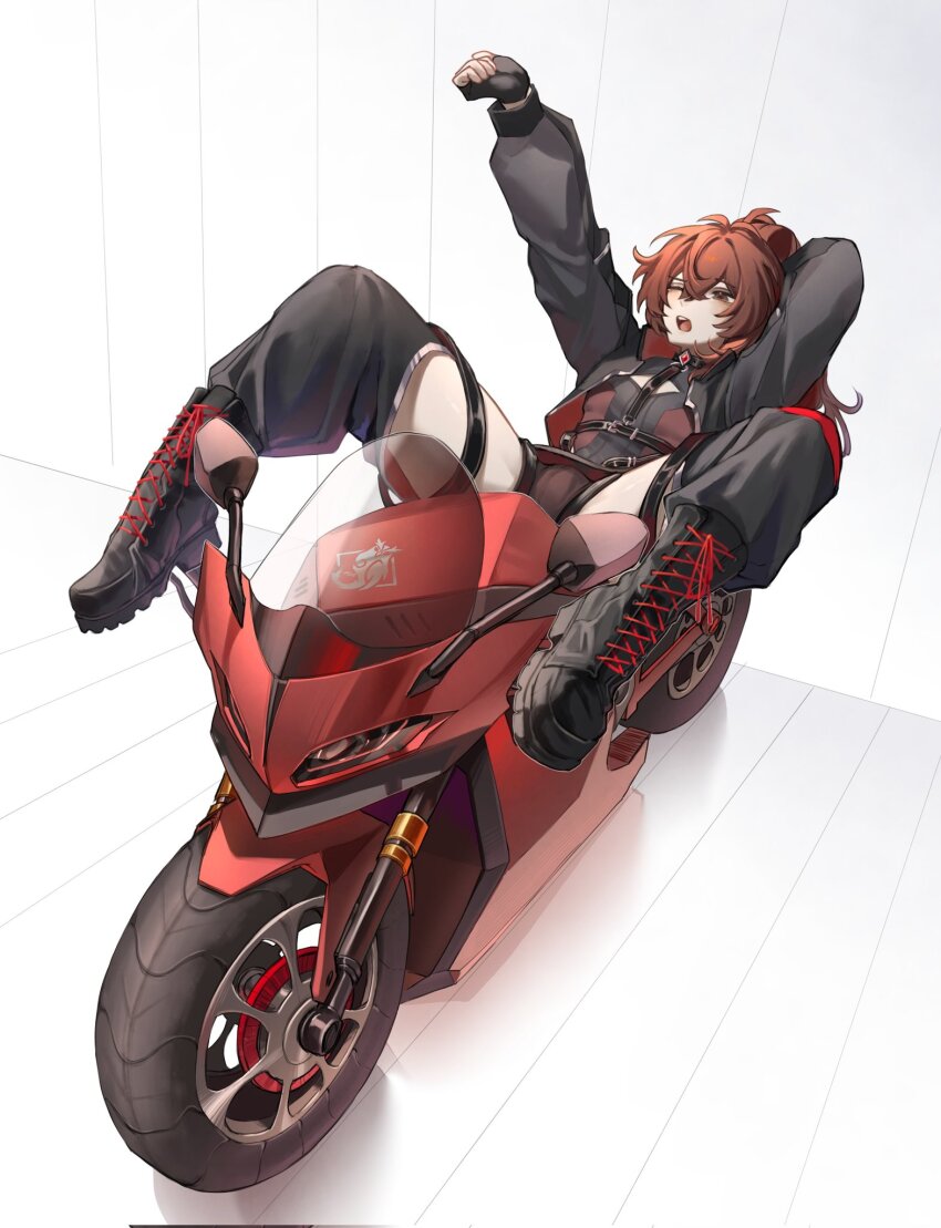 1boy alternate_costume arm_up black_gloves boots bulge clothing_cutout commentary_request diluc_(genshin_impact) fingerless_gloves full_body genshin_impact gloves hair_between_eyes highres long_hair long_sleeves lying male_focus motor_vehicle motorcycle on_motorcycle one_eye_closed open_mouth ponytail red_eyes red_hair revealing_clothes solo teeth thigh_cutout thighs tongue upper_teeth_only yawning zehuij