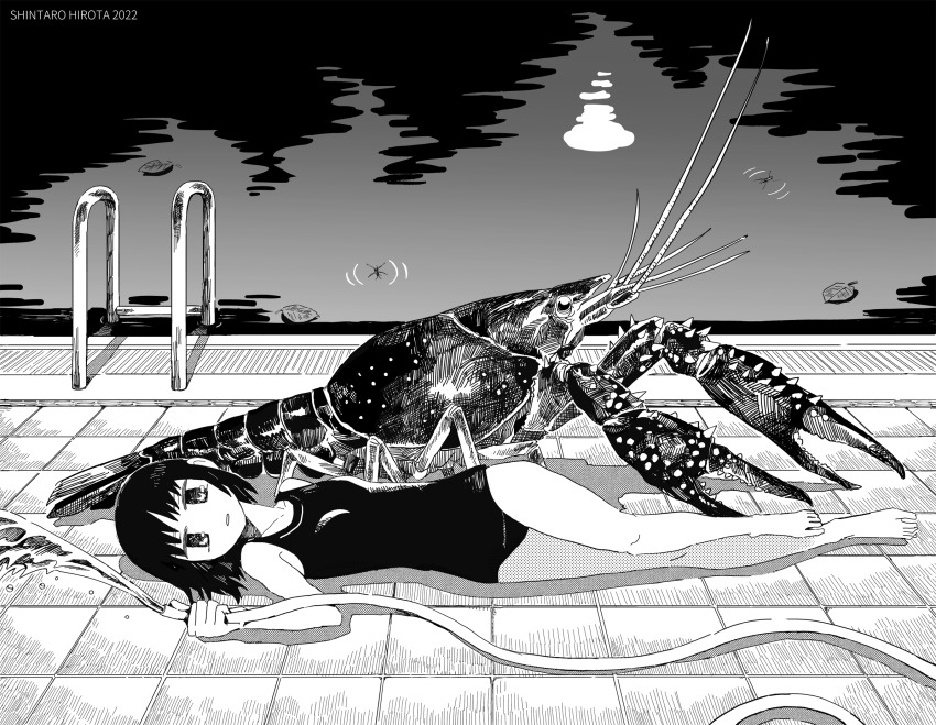 1girl afloat afloat_leaves animal aremoyou artist_name barefoot breasts bug commentary crayfish dated expressionless full_body greyscale highres holding holding_hose hose leaf looking_at_viewer looking_to_the_side lying monochrome on_back on_ground original outdoors oversized_animal parted_lips pool pool_ladder reflection reflective_water school_swimsuit short_hair small_breasts solo spraying swimsuit tile_floor tiles water