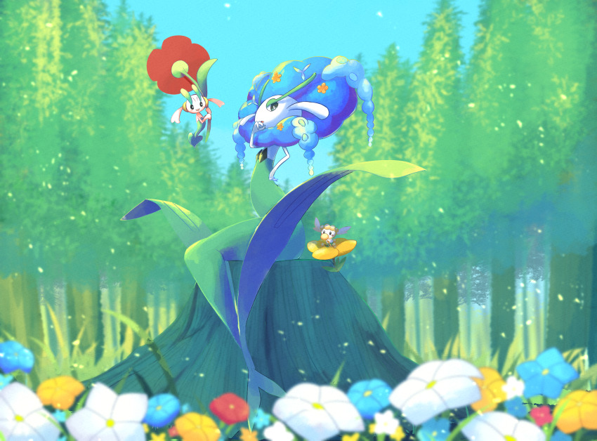 black_eyes blue_flower blush colored_skin flabebe flabebe_(yellow_flower) floette floette_(red_flower) florges florges_(blue_flower) flower gen_6_pokemon grass green_eyes highres multiple_girls nintendo oemmtoru open_mouth outdoors petals pokemon pokemon_(creature) red_flower sitting smile tree tree_stump white_flower white_skin