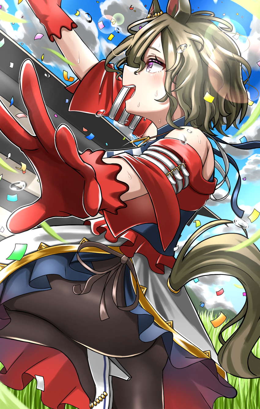 1girl absurdres animal_ears arm_belt arm_up bare_shoulders belt black_pantyhose breasts brown_hair day dress ear_ornament frilled_dress frills from_side gloves grass hair_between_eyes haruun520 high_heels highres holding holding_cloth horse_ears horse_girl horse_tail horseshoe_ornament jewelry large_breasts midriff_peek necklace off-shoulder_dress off_shoulder official_art open_hand open_mouth outdoors outstretched_hand pantyhose red_dress red_eyes red_gloves ribbon shirt shoes short_hair short_sleeves smile solo standing standing_on_one_leg striped_clothes striped_shirt tail tap_dance_city_(umamusume) teeth umamusume upper_teeth_only white_shoes