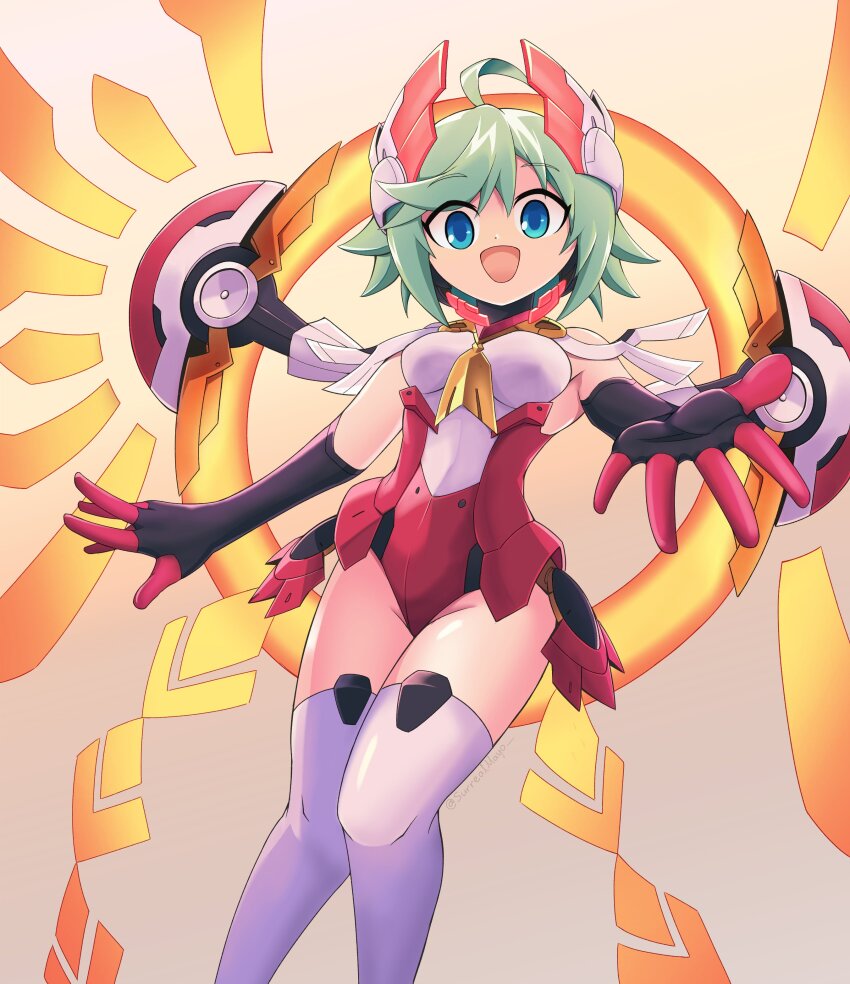 1girl absurdres ahoge azure_striker_gunvolt azure_striker_gunvolt_2 blue_eyes breasts brown_background cowboy_shot energy_wings gradient_background green_hair headgear highres leotard medium_breasts red_leotard roro_(gunvolt) short_hair solo surrealmason thighhighs white_leotard white_thighhighs