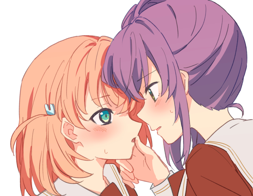 2girls aqua_eyes blush brown_dress cerise_bouquet commentary dress english_commentary eye_contact green_eyes hair_ornament hand_on_another&#039;s_mouth hasu_no_sora_school_uniform highres hinoshita_kaho link!_like!_love_live! lone_nape_hair long_hair long_sleeves looking_at_another love_live! medium_hair multiple_girls nogreen orange_hair otomune_kozue parted_lips portrait purple_hair rabbit_hair_ornament sailor_collar sailor_dress school_uniform sidelocks simple_background sweatdrop two_side_up virtual_youtuber white_background white_sailor_collar winter_uniform yuri