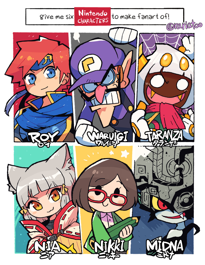 3boys 3girls :3 absurdres animal_ears big_nose blue_eyes cat_ears character_name colored_sclera company_connection duplicate english_text engrish_text facial_hair fangs fire_emblem fire_emblem:_the_binding_blade glasses gloves grey_hair half_mask hat headband highres kirby:_triple_deluxe kirby_(series) mario_(series) mask midna monster_girl multiple_boys multiple_drawing_challenge multiple_girls mustache nia_(xenoblade) nikki_(swapnote) nintendo no_pupils pencil pointy_ears ranguage rariatto_(ganguri) rayman_limbs red_eyes red_hair red_scarf roy_(fire_emblem) scarf six_fanarts_challenge smile swapnote taranza the_legend_of_zelda the_legend_of_zelda:_twilight_princess waluigi white_gloves xenoblade_chronicles_(series) xenoblade_chronicles_2 yellow_eyes yellow_sclera