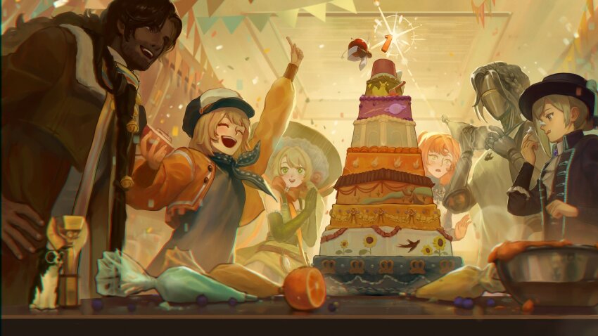 +_+ 1boy 5girls :d :o :q ^_^ absurdres apple apple_(reverse:1999) apron arm_up ascot bare_shoulders beard_stubble birthday_cake black_bow black_bowtie black_coat black_hair black_hat blonde_hair blue_dress blue_neckerchief boater_hat bow bowtie brown_coat brown_hair cake ceiling character_doll checkered_ribbon chin_strap closed_eyes coat collared_shirt cream cream_on_face dark-skinned_male dark_skin doll dress drill_hair elbow_gloves facial_hair food food_on_face from_below fruit gloves green_dress green_eyes green_gloves green_hat grey_eyes grey_hair hands_up hat highres hofmann_knot holding holding_pastry_bag humanoid_robot indoors jacket joints long_hair long_sleeves looking_at_another looking_at_food low_ponytail low_twintails lucy_(reverse:1999) mature_male metal_hair metal_skin miikilyn mixing_bowl multicolored_scarf multiple_girls neck_ribbon neckerchief newsboy_cap number_candle open_mouth orange_(fruit) orange_bow orange_hair own_hands_clasped own_hands_together pastry_bag pickles_(reverse:1999) polka_dot_neckerchief ponytail profile puffy_long_sleeves puffy_sleeves red_jacket regulus_(reverse:1999) reverse:1999 ribbon robot robot_girl robot_joints scarf shamane shirt short_hair smile sonetto_(emotion_in_tranquility)_(reverse:1999) sonetto_(reverse:1999) sotheby string_of_flags stubble table teeth tongue tongue_out traditional_bowtie trophy twin_drills twintails upper_teeth_only vertin_(reverse:1999) white_apron white_ascot white_shirt