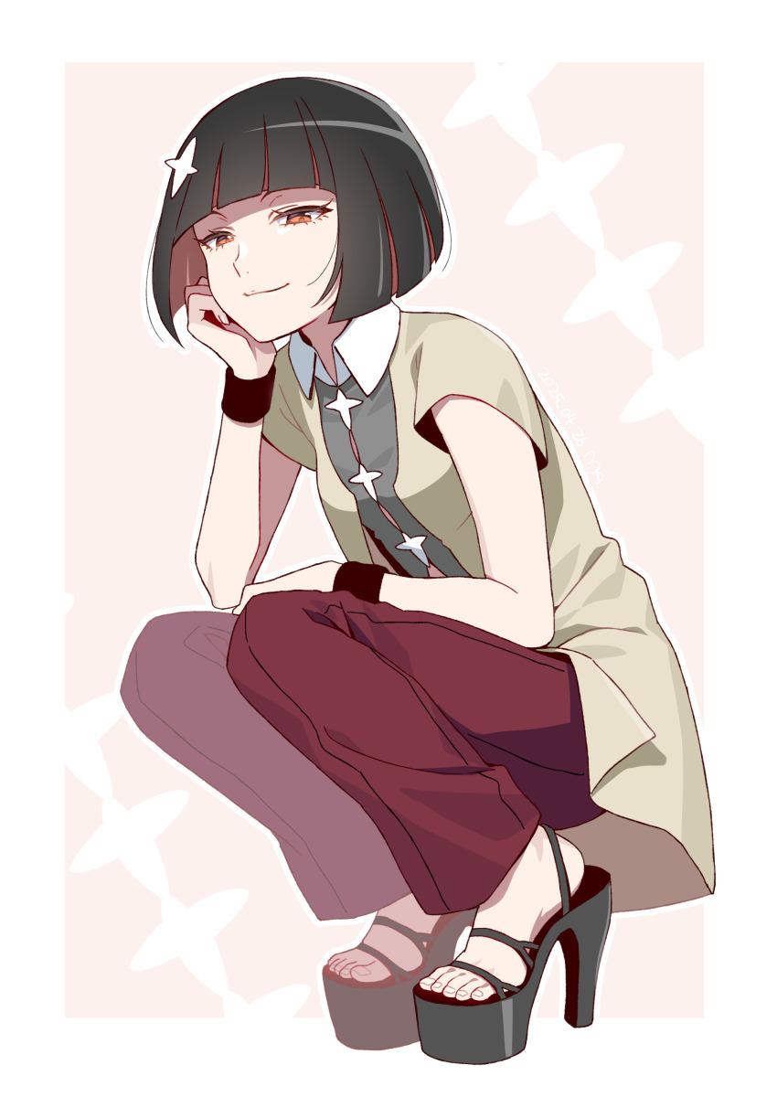 1girl absurdres black_hair blunt_bangs bob_cut bracelet coat collared_shirt colored_inner_hair elbow_rest full_body half-closed_eyes head_rest high_heels highres jewelry kagenui_yozuru looking_at_viewer manimani_(mani_ma) monogatari_(series) multicolored_hair open-toe_shoes pants platform_heels red_eyes red_hair red_pants shirt short_hair short_sleeves smile solo squatting straight_hair toenails two-tone_hair