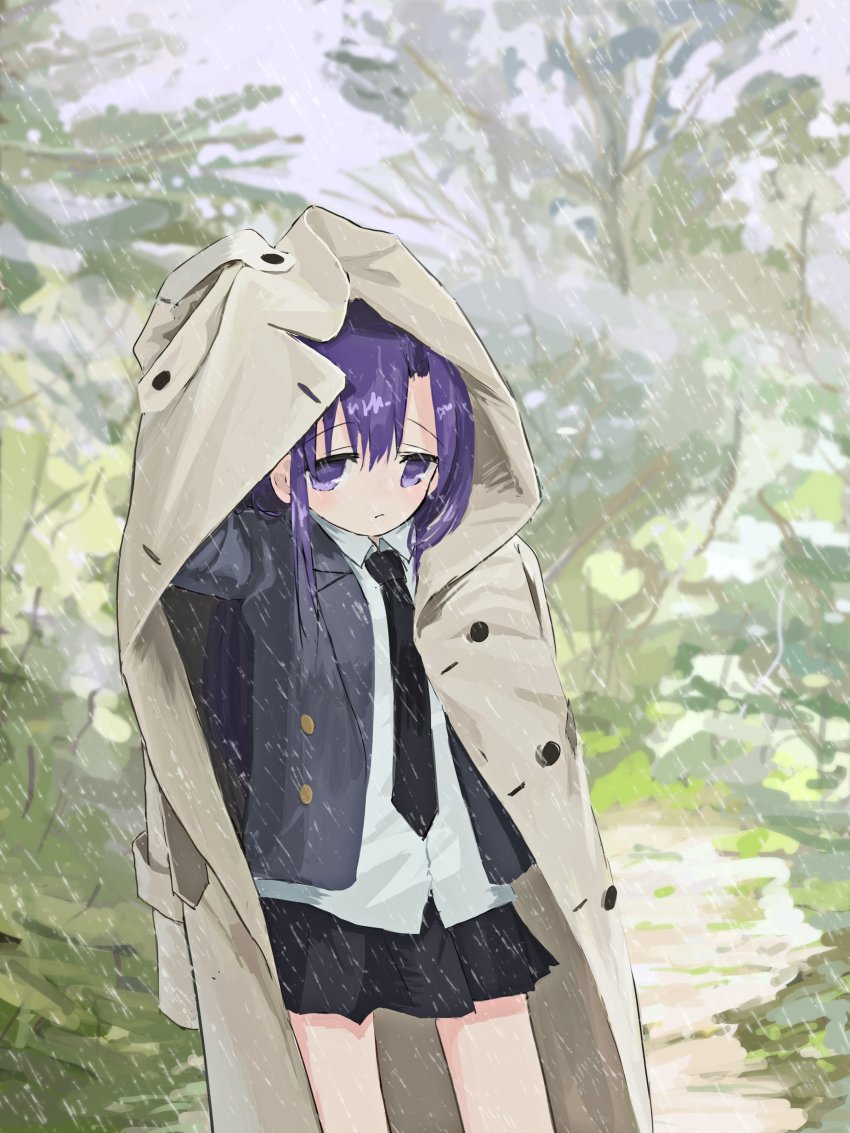 1girl absurdres bad_id bad_twitter_id black_necktie black_skirt blurry blurry_background closed_mouth coat collared_shirt cowboy_shot depth_of_field gishiki_(gshk) goshiki_agiri grey_coat grey_jacket highres jacket kill_me_baby long_hair looking_at_viewer necktie pleated_skirt purple_eyes purple_hair rain shirt skirt solo standing white_shirt wing_cap wing_collar
