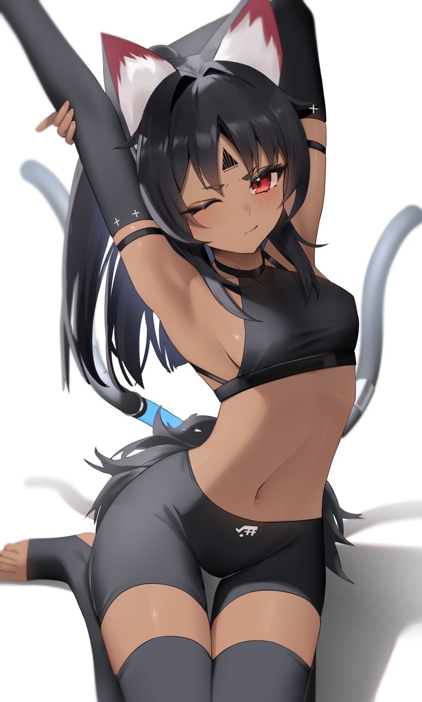 1girl absurdres animal animal_ears black_hair cat_ears cat_tail dark_skin gloves highres nekomiya_mana red_eyes stomach tail thomas_8000 zenless_zone_zero