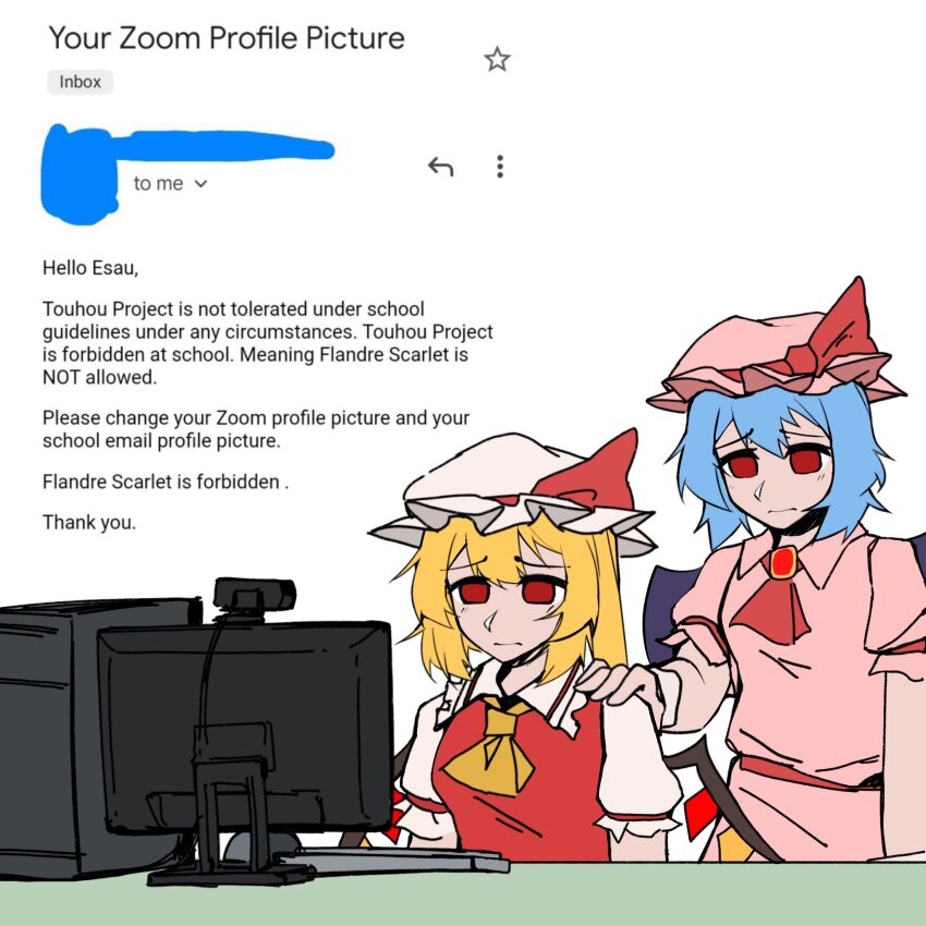 2girls ascot blonde_hair blue_hair commentary computer english_text flandre_scarlet gmail hand_on_another&#039;s_shoulder hat hat_ribbon highres looking_at_viewer meme mob_cap multiple_girls pink_hat protected_link red_ascot red_eyes red_ribbon remilia_scarlet ribbon sad screenshot_inset short_sleeves siblings sisters statisticstater touhou upper_body white_hat wings yellow_ascot