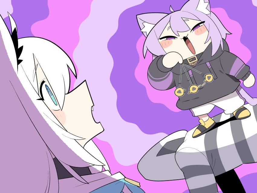 2girls :3 :d absurdres ahoge animal_ears black_hoodie blue_eyes blush cat_ears cat_girl cat_tail cocomayo29_(tomato) commentary_request fang fox_ears fox_girl hair_between_eyes half-closed_eyes highres holding holding_pendulum hololive hood hood_down hoodie hypnosis korean_commentary long_sleeves mind_control multiple_girls nekomata_okayu nekomata_okayu_(1st_costume) onigirya_(nekomata_okayu) open_mouth pants pendulum purple_eyes purple_hair shirakami_fubuki shoes smile standing standing_on_another&#039;s_back tail virtual_youtuber white_hair white_pants yellow_shoes