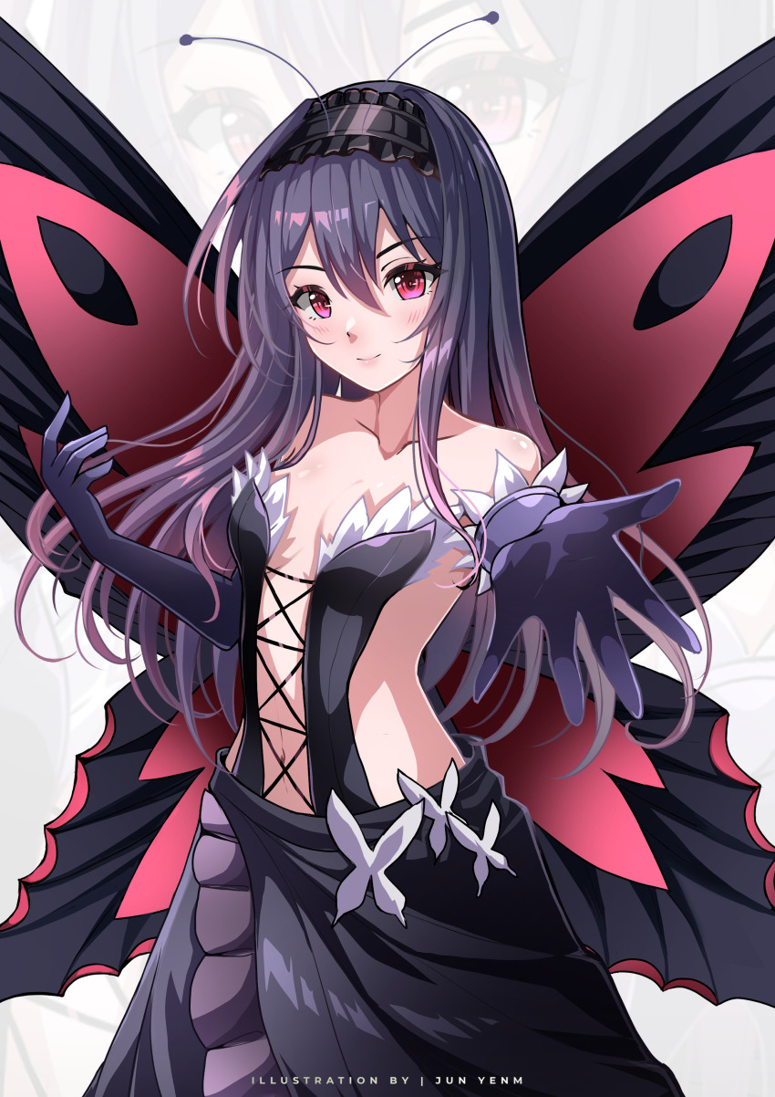 1girl absurdres accel_world bare_shoulders breasts butterfly_wings cleavage dress elbow_gloves gloves highres insect_wings kuroyukihime long_hair looking_at_viewer pink_hair small_breasts smile solo strapless strapless_dress wings yenm