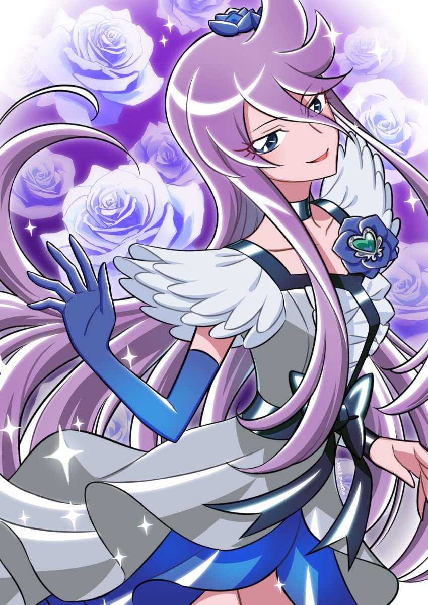 1girl black_choker blue_choker blue_eyes blue_flower blue_rose bow brooch bun_(jewd5385) choker cure_moonlight dress elbow_gloves flower gloves hair_flower hair_ornament heart heart_brooch heartcatch_precure! highres jewelry long_hair looking_at_viewer magical_girl open_mouth precure purple_background purple_flower purple_hair purple_rose rose single_elbow_glove single_glove solo waist_bow
