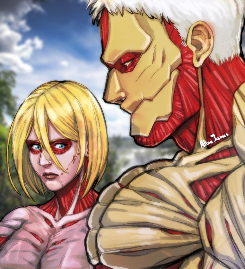 1boy 1girl adelheid_(moschiola) armored_titan blank_stare breast_envy breasts female_titan from_side girl_staring_at_guy&#039;s_chest_(meme) highres large_pectorals looking_at_another looking_at_pectorals looking_down medium_breasts meme muscle_envy muscular muscular_male pectorals shingeki_no_kyojin short_hair titan_(shingeki_no_kyojin)