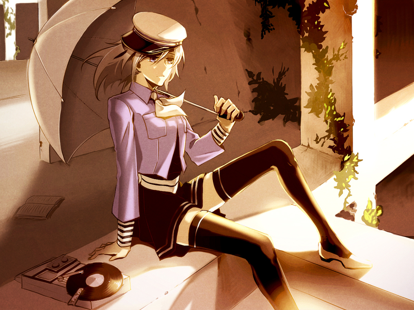 1girl ama_no_jaku_(vocaloid) bad_id bad_pixiv_id female_focus gumi hat jack_amano ktsis sitting skirt solo thighhighs umbrella vocaloid