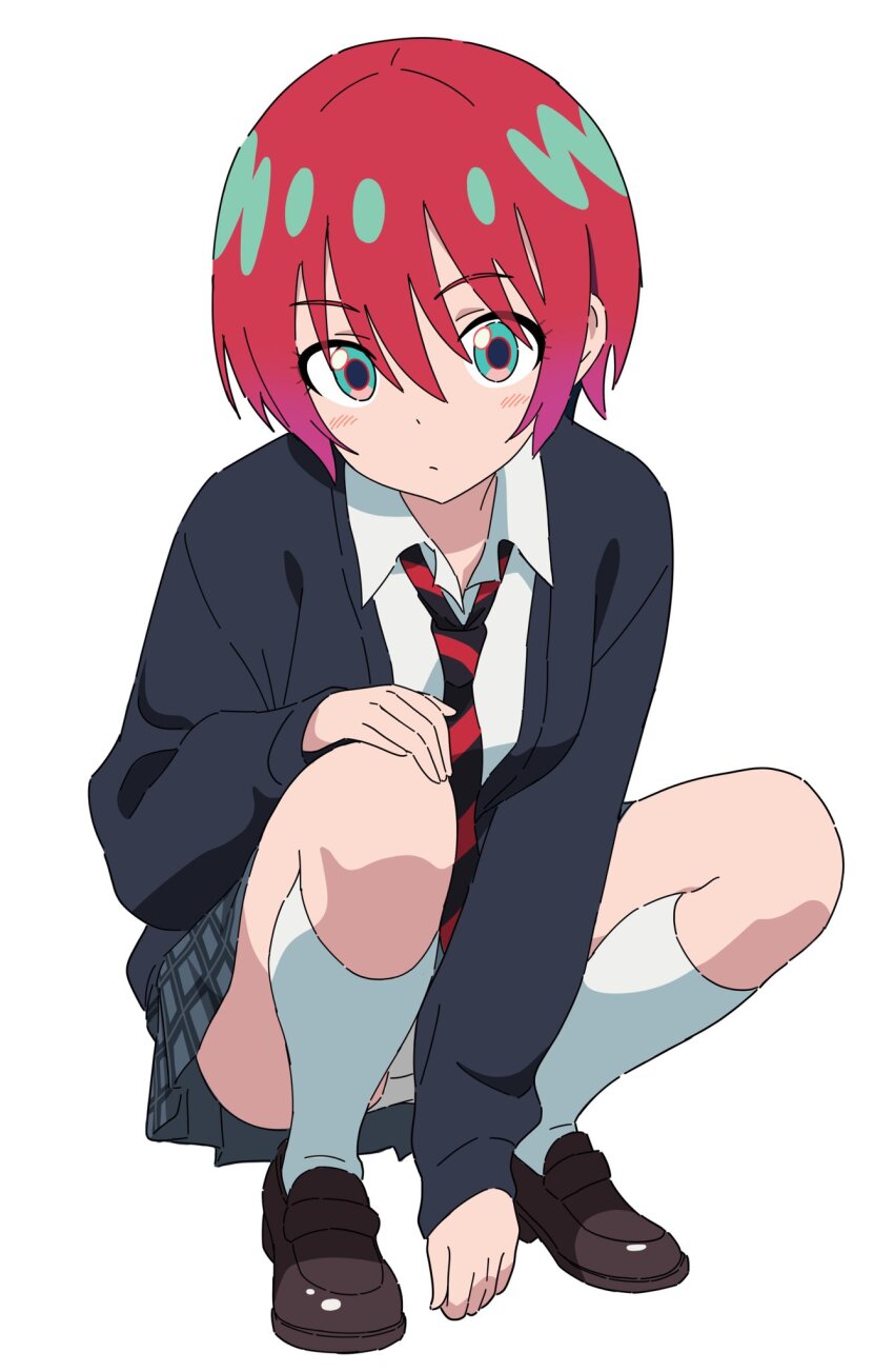 amate_yuzuriha aqua_eyes between_legs black_cardigan brown_shoes cardigan closed_mouth collared_shirt full_body grey_skirt gundam gundam_gquuuuuux hair_between_eyes hand_between_legs hand_on_own_knee highres kousuke0912 light_blush loafers long_sleeves looking_at_viewer miniskirt necktie panties panty_peek pleated_skirt red_hair shirt shoes short_hair simple_background skirt socks squatting striped_necktie underwear white_background white_panties white_shirt white_socks