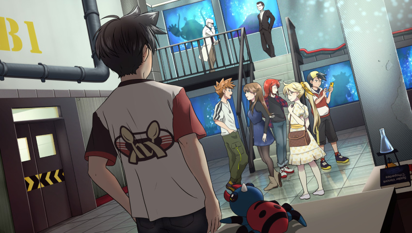 2girls 6+boys alternate_costume black_jacket black_pants black_shirt blaine_(pokemon) blonde_hair blue_dress blue_oak book brown_bag brown_hair coat dress ethan_(pokemon) fence flask gen_2_pokemon giovanni_(pokemon) green_(pokemon) green_pants hat highres industrial_pipe jacket jewelry multiple_boys multiple_girls necklace nintendo pants pantyhose pillar pokemon pokemon_(creature) pokemon_adventures ponytail print_shirt red_(pokemon) reflective_floor scorbunnyvllgr shirt shoes short_hair short_sleeves silver_(pokemon) spiked_hair spinarak stairs standing t-shirt tile_floor tiles white_coat yellow_(pokemon)