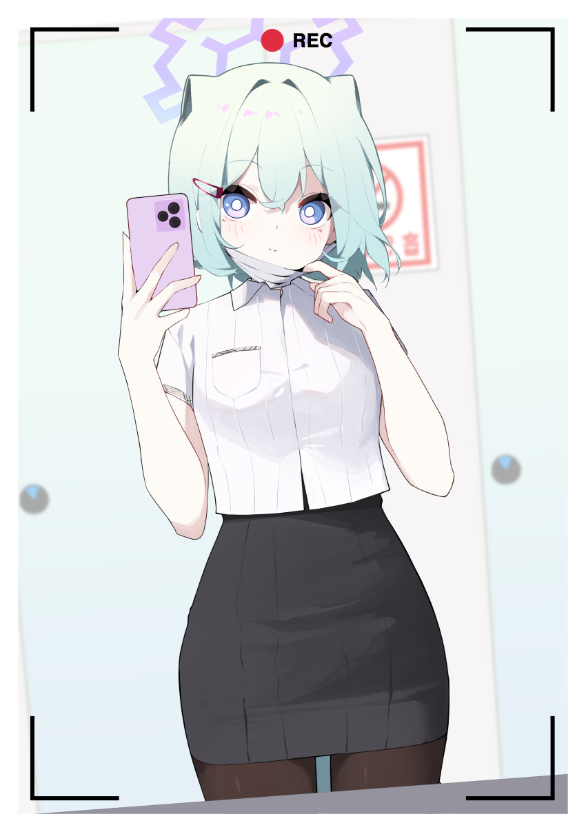 1girl absurdres animal_ears black_pantyhose black_skirt blue_archive blue_eyes blush border cellphone collared_shirt green_hair hair_ornament hairclip halo hands_up highres holding holding_phone looking_at_viewer mask mask_pull mona_kkkk mouth_mask pantyhose pencil_skirt phone purple_halo shigure_(blue_archive) shirt short_hair short_sleeves skirt smartphone solo white_background white_border white_shirt