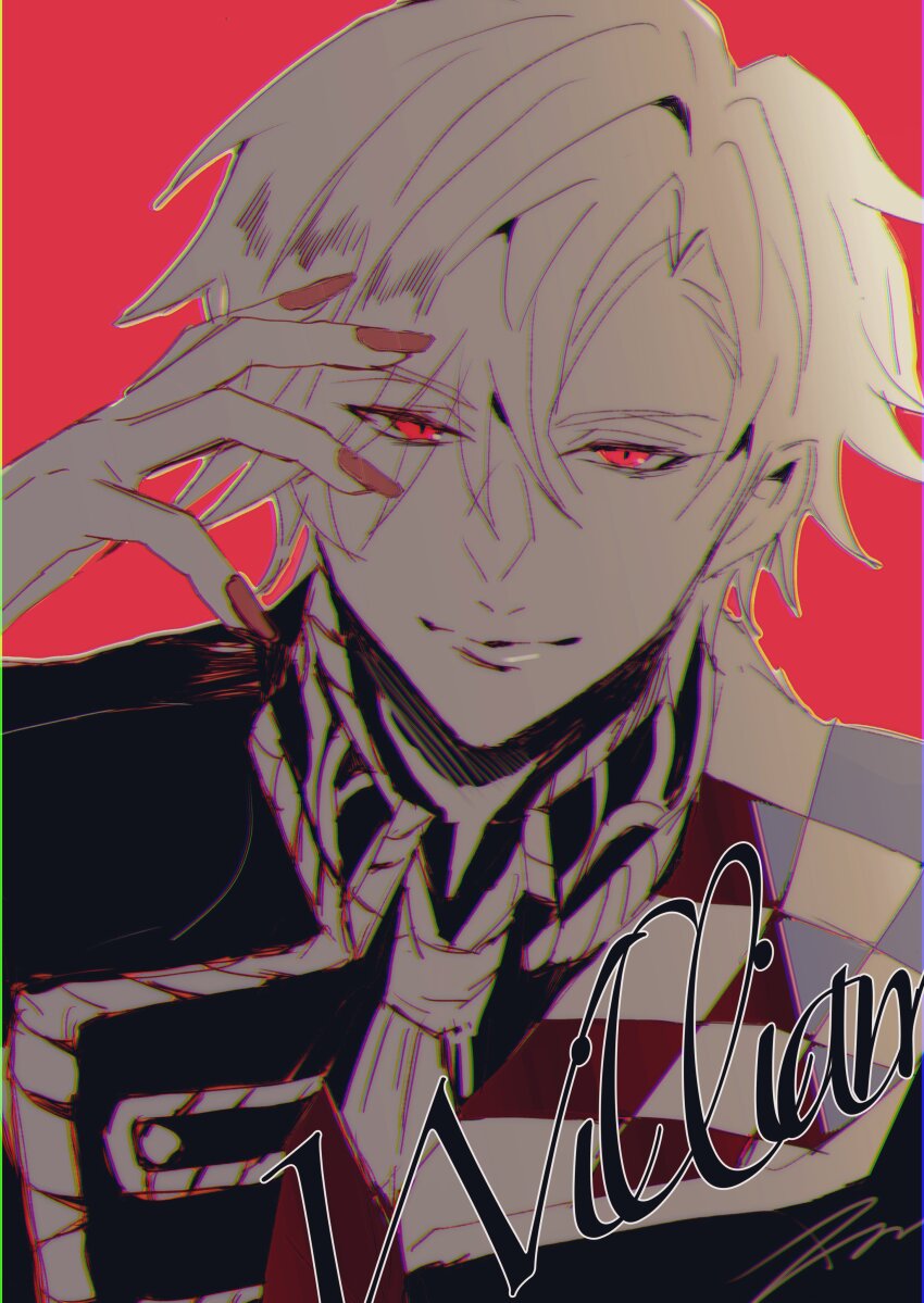 1boy absurdres character_name highres ikemen_villain male_focus maru_yude2 nail_polish necktie red_background red_eyes red_nails short_hair white_hair white_necktie william_rex