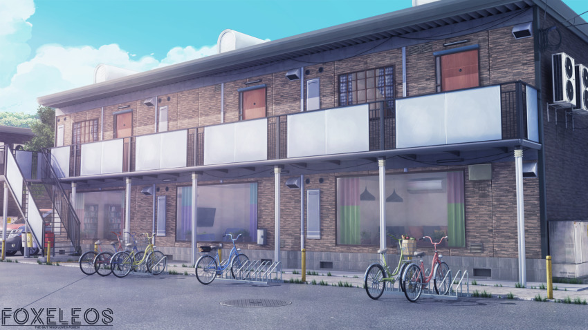 3d air_conditioner apartment bicycle blender_(medium) blue_sky building car cloud commentary day door english_commentary foxeleos grass highres motor_vehicle no_humans original outdoors scenery sky stairs window