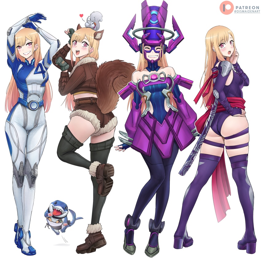 1girl absurdres animal animal_ears arms_up ass bikini blonde_hair blue_bodysuit bodysuit boots breasts brown_jacket brown_shorts closed_eyes commentary cosplay dismaiden ear_piercing english_commentary fantastic_four fingerless_gloves flower full_body galacta galacta_(cosplay) gloves gradient_hair green_gloves green_thighhighs grin gyaru heart helmet highres jacket jeff_(marvel) kitagawa_marin leotard long_hair marvel marvel_rivals medium_breasts micro_shorts multicolored_hair multicolored_helmet multiple_views open_mouth patreon_logo patreon_username piercing pink_eyes pink_hair psylocke psylocke_(cosplay) psylocke_(vengeance) purple_flower purple_helmet purple_leotard shark shorts simple_background smile sono_bisque_doll_wa_koi_wo_suru squirrel squirrel_ears squirrel_girl_(marvel) squirrel_girl_(marvel)_(cosplay) squirrel_tail standing standing_on_one_leg sue_storm sue_storm_(cosplay) swimsuit tail teeth thigh_boots thigh_strap thighhighs two-tone_bodysuit very_long_hair white_background white_bodysuit x-men