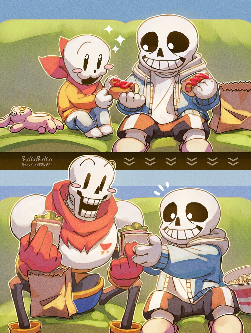 2boys artist_name black_shorts blue_jacket blue_pants blush boots brothers child food gloves highres holding holding_food holding_stuffed_toy hood hood_down hooded_jacket hot_dog jacket korokor59513559 looking_at_another male_focus multiple_boys open_mouth orange_shirt pants papyrus_(undertale) popcorn red_gloves red_scarf sandwich sans_(undertale) scarf shirt shorts siblings sitting skeleton slippers smile stuffed_animal stuffed_rabbit stuffed_toy teeth twitter_username undertale white_shirt