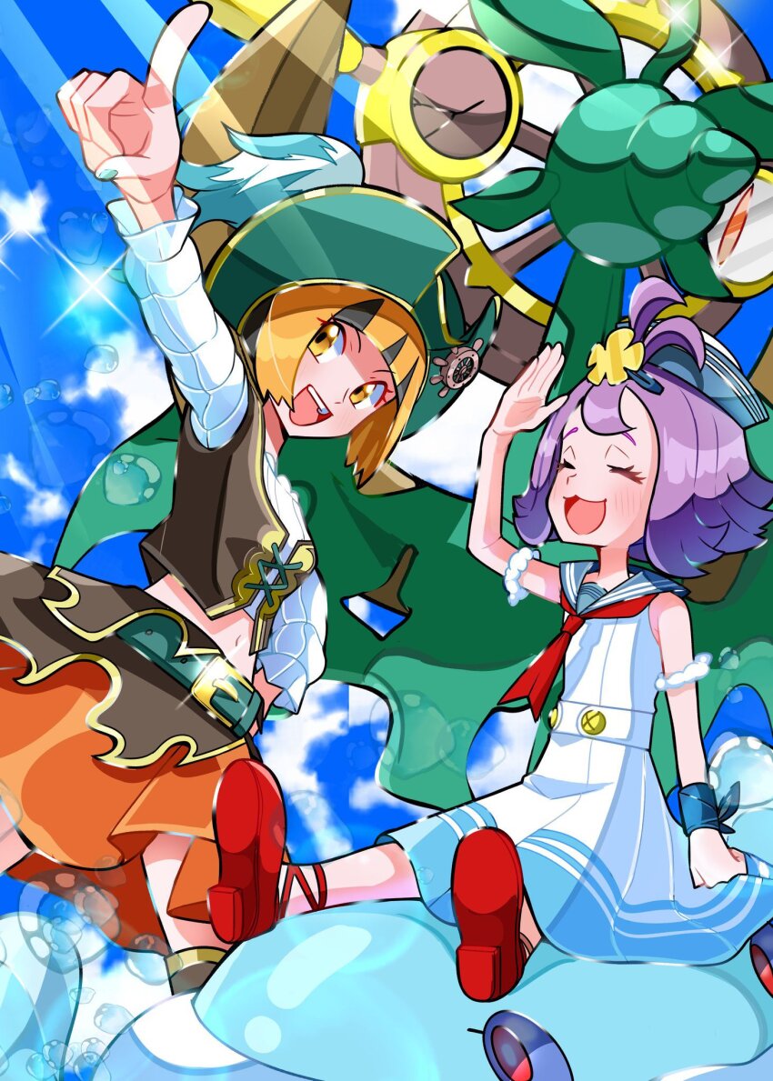 2girls acerola_(pokemon) acerola_(summer_2024)_(pokemon) belt black_hair blue_hat blue_nails blush closed_eyes crop_top dress full_body gardenia_(pokemon) gardenia_(summer_2024)_(pokemon) gen_5_pokemon hair_ornament hat highres jellicent jellicent_(male) long_sleeves midriff monaka_mom multicolored_hair multiple_girls navel neckerchief nintendo official_alternate_costume open_mouth orange_eyes orange_hair pirate pirate_costume pirate_hat pokemon pokemon_(creature) pokemon_masters_ex purple_hair red_neckerchief sailor sailor_collar sailor_dress sailor_hat short_hair sleeveless smile teeth two-tone_hair upper_teeth_only white_dress