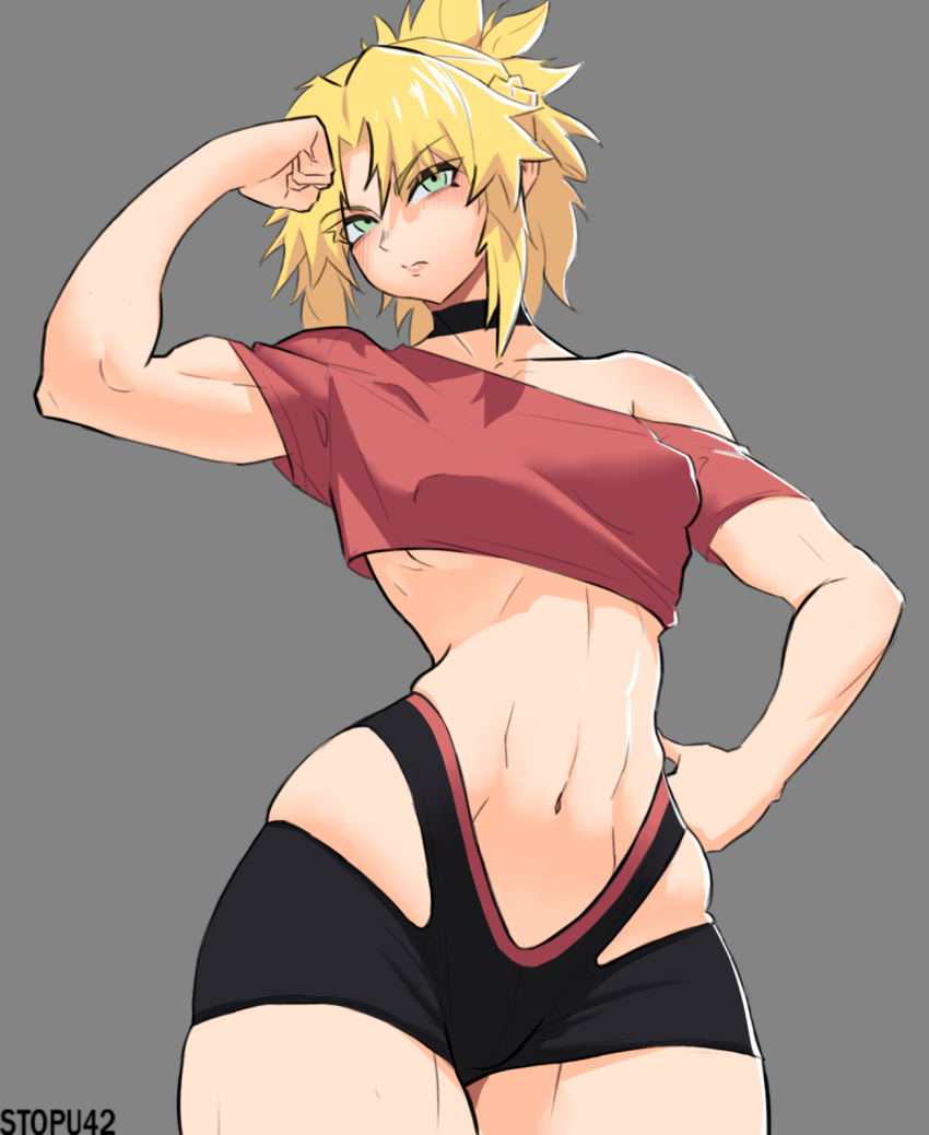 1girl aqua_eyes bare_shoulders blonde_hair blush breasts choker covered_erect_nipples fate/apocrypha fate_(series) flexing grey_background hand_on_own_hip highres looking_at_viewer mordred_(fate) mordred_(fate/apocrypha) navel ponytail shorts simple_background solo stopu underboob