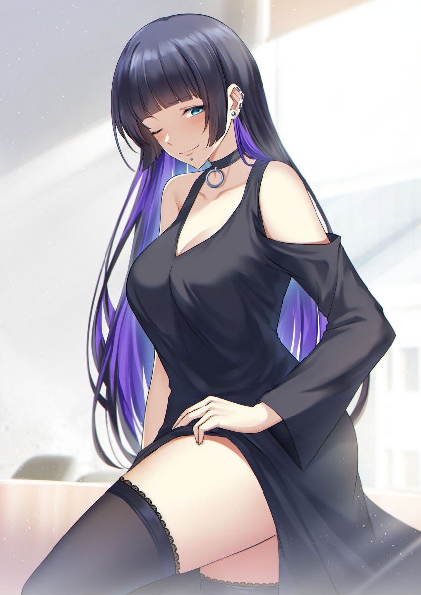 1girl ;) absurdres aqua_eyes bare_shoulders black_choker black_dress black_hair black_thighhighs blunt_bangs blurry blurry_background blush bocchi_the_rock! breasts chin_piercing choker cleavage clothes_lift clothing_cutout collarbone colored_inner_hair cowboy_shot dress dress_lift ear_cuffs earrings face_piercing highres jewelry lace lace-trimmed_thighhighs lace_trim large_breasts lifting_own_clothes light_particles long_hair long_sleeves looking_at_viewer multicolored_hair o-ring o-ring_choker one_eye_closed pa-san piercing purple_hair rakugakki shoulder_cutout sidelighting sidelocks smile solo stud_earrings sunlight thighhighs