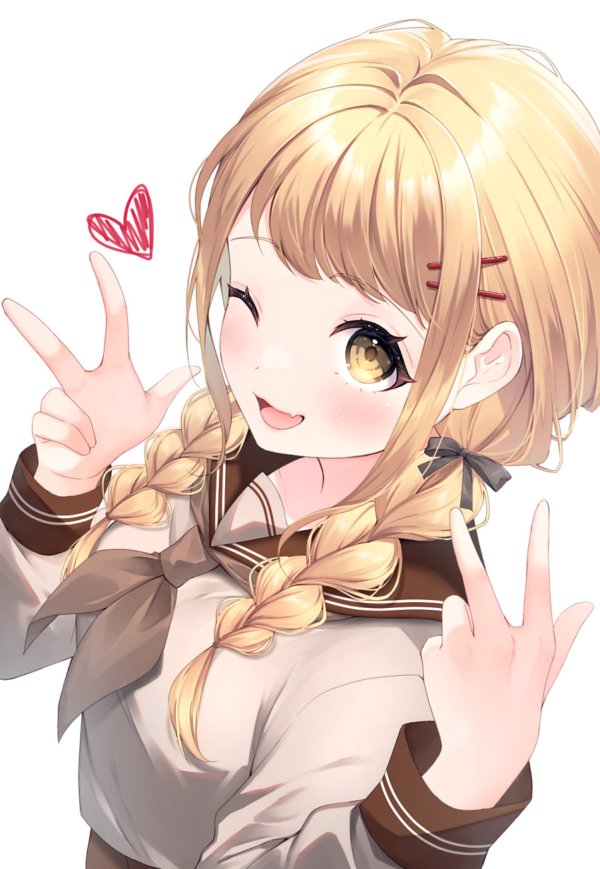 1girl ;d blonde_hair blush braid brown_neckerchief brown_serafuku commentary double_w fang fujita_kotone gakuen_idolmaster hair_ribbon haruhitooo heart highres idolmaster long_hair long_sleeves looking_at_viewer neckerchief one_eye_closed open_mouth ribbon school_uniform serafuku simple_background skin_fang smile solo twin_braids w white_background yellow_eyes