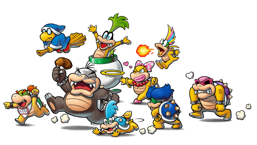 1girl 6+boys absurdres blue_hair blue_robe bow bowser_jr. bracelet broom broom_riding fireball glasses green_hair hair_bow heart high_heels highres iggy_koopa jewelry kamek larry_koopa lemmy_koopa ludwig_von_koopa mario_&amp;_luigi:_bowser&#039;s_inside_story mario_&amp;_luigi_rpg mario_&amp;_luigi_rpg_(style) mario_(series) morton_koopa_jr. multicolored_hair multiple_boys necklace nintendo official_art one_eye_closed open_mouth pink_shoes pointing rainbow_hair robe roy_koopa shadow sharp_teeth shoes spiked_bracelet spiked_shell spikes sunglasses teeth transparent_background upper_teeth_only wendy_o._koopa