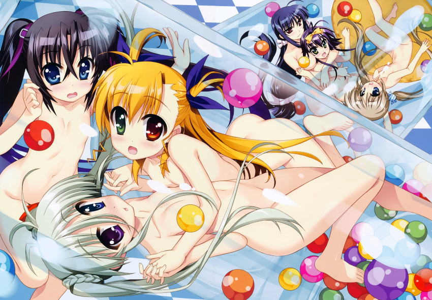 10s 6+girls absurdres ahoge antenna_hair barefoot braid corona_timir einhard_stratos els_tasmin feet fujima_takuya hair_between_eyes heterochromia highres holding_hands huge_filesize interlocked_fingers long_hair low-tied_long_hair lyrical_nanoha mahou_shoujo_lyrical_nanoha mahou_shoujo_lyrical_nanoha_vivid mikaya_chevelle multiple_girls official_art rio_wezley sieglinde_eremiah toes two_side_up very_long_hair vivio wavy_mouth yuri