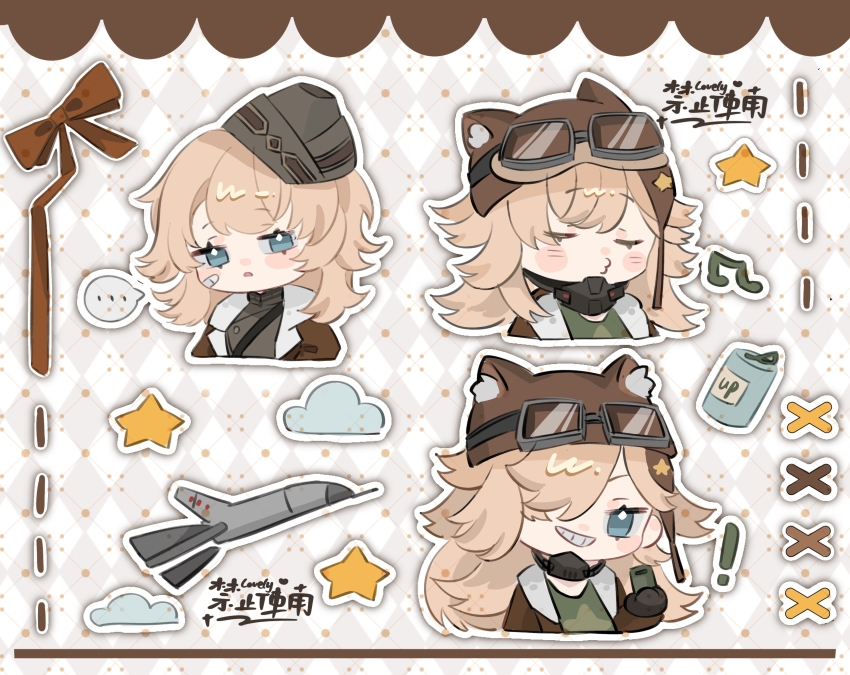 ... 1girl absurdres aged_down animal_ear_headwear argyle_background aviator_cap blonde_hair blue_eyes brown_hat brown_jacket closed_eyes cloud cropped_jacket elgyuli fake_animal_ears fur-trimmed_jacket fur_trim garrison_cap goggles goggles_on_headwear green_shirt grey_background grey_hat grin hair_over_one_eye hat highres jacket lilya_(reverse:1999) long_hair mask mask_around_neck mechanical_broom multiple_views one_eye_covered oxygen_mask reverse:1999 shirt smile spoken_ellipsis star_(symbol) upper_body watermark