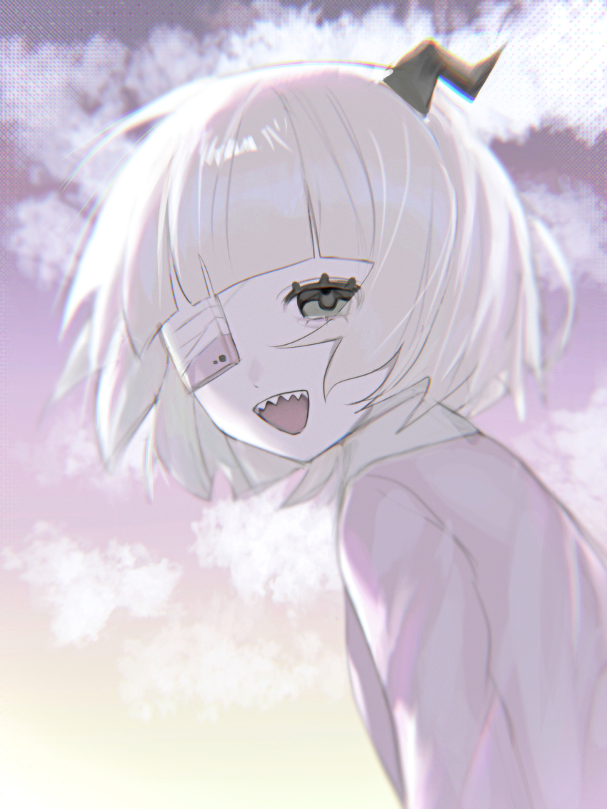 1girl :d amashiro_ipigo bandaged_head bandages black_horns blonde_hair blunt_bangs cellphone collared_shirt eyepatch green_eyes half-closed_eye highres horns long_sleeves looking_at_viewer open_mouth phone phone_eyepatch pink_sweater puffy_sleeves ruru_(shinsei_kamattechan) sharp_teeth shinsei_kamattechan shirt short_hair single_horn smile solo stuffed_animal stuffed_mouse stuffed_toy sweater teeth tongue upper_body upper_teeth_only white_shirt
