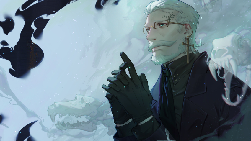 1boy absurdres animal_skull beard black_gloves black_jacket black_necktie black_shirt blue_eyes character_request cross cross_earrings earrings facial_hair forehead_tattoo glasses gloves hanamaki highres jacket jewelry league_of_legends long_sleeves male_focus mustache necktie old old_man shirt short_hair smoke solo upper_body