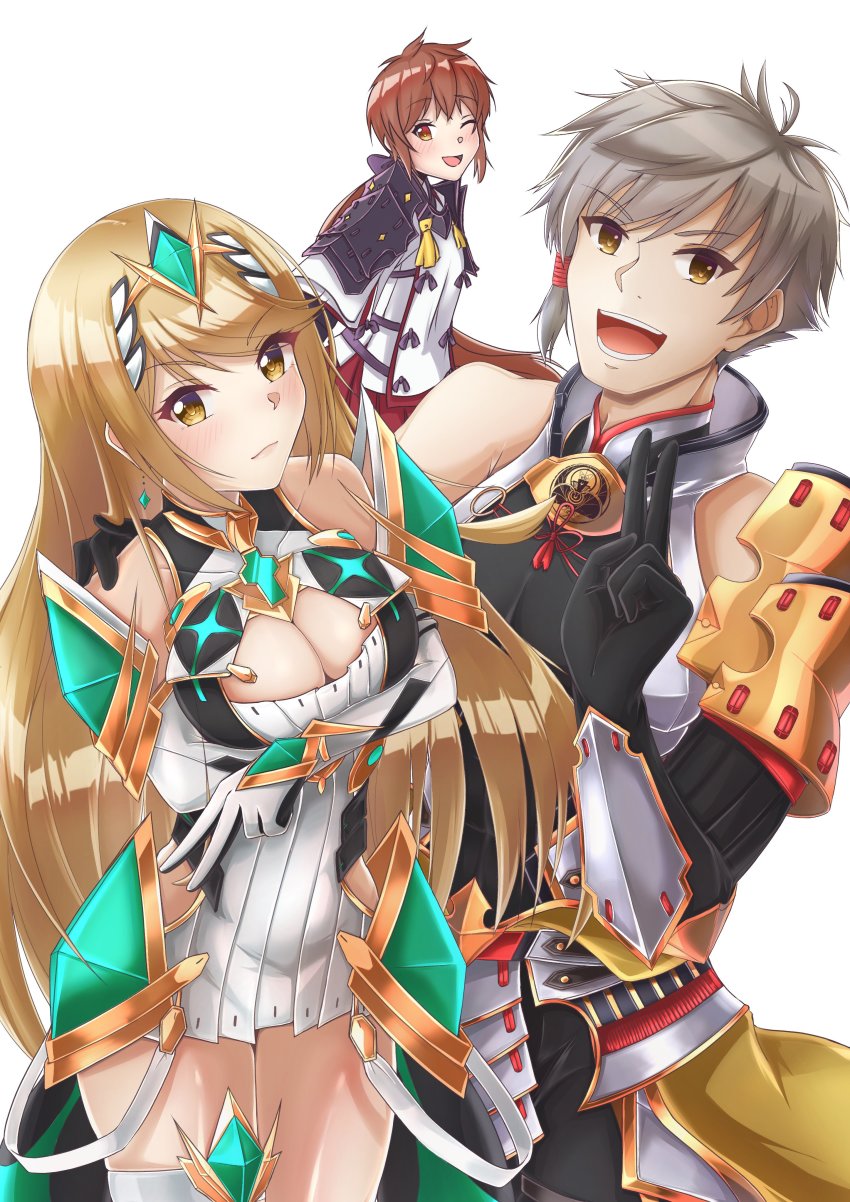 1boy 2girls :d absurdres addam_origo arm_around_shoulder armor artist_request bare_legs bare_shoulders blonde_hair breasts chest_jewel cleavage_cutout clothing_cutout crossed_arms dress earrings elbow_gloves gloves highres jewelry kagin_(kagou_shita_nanika) large_breasts long_hair lora_(xenoblade) multiple_girls mythra_(xenoblade) nintendo one_eye_closed open_mouth short_dress shoulder_armor silver_hair simple_background smile swept_bangs thigh_strap tiara very_long_hair white_background white_dress white_gloves xenoblade_chronicles_(series) xenoblade_chronicles_2 xenoblade_chronicles_2:_torna_-_the_golden_country yellow_eyes
