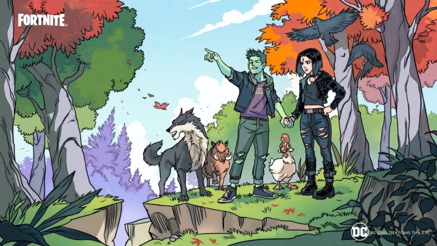 1boy 1girl animal beast_boy_(dc) bird black_eyes boar chicken colored_skin couple crow dc_comics forest fortnite gabriel_picolo green_hair green_skin happy holding_hands leaf nature official_art pointing pointy_ears raven_(dc) smile teen_titans tree wolf