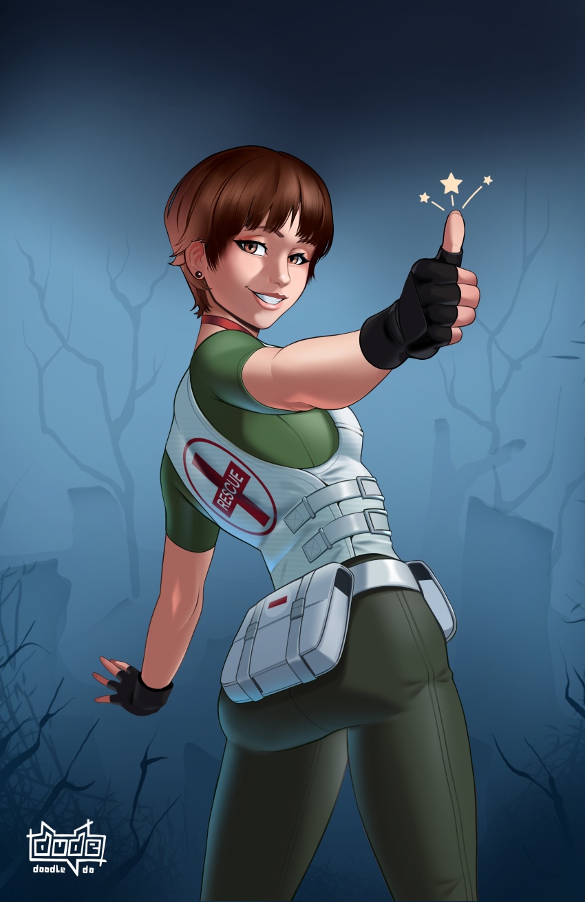 1girl absurdres ass black_gloves brown_eyes brown_hair bulletproof_vest cropped_legs dude-doodle fingerless_gloves gloves green_pants green_shirt grin highres pants rebecca_chambers resident_evil resident_evil_0 shirt short_hair simple_background smile solo standing thumbs_up
