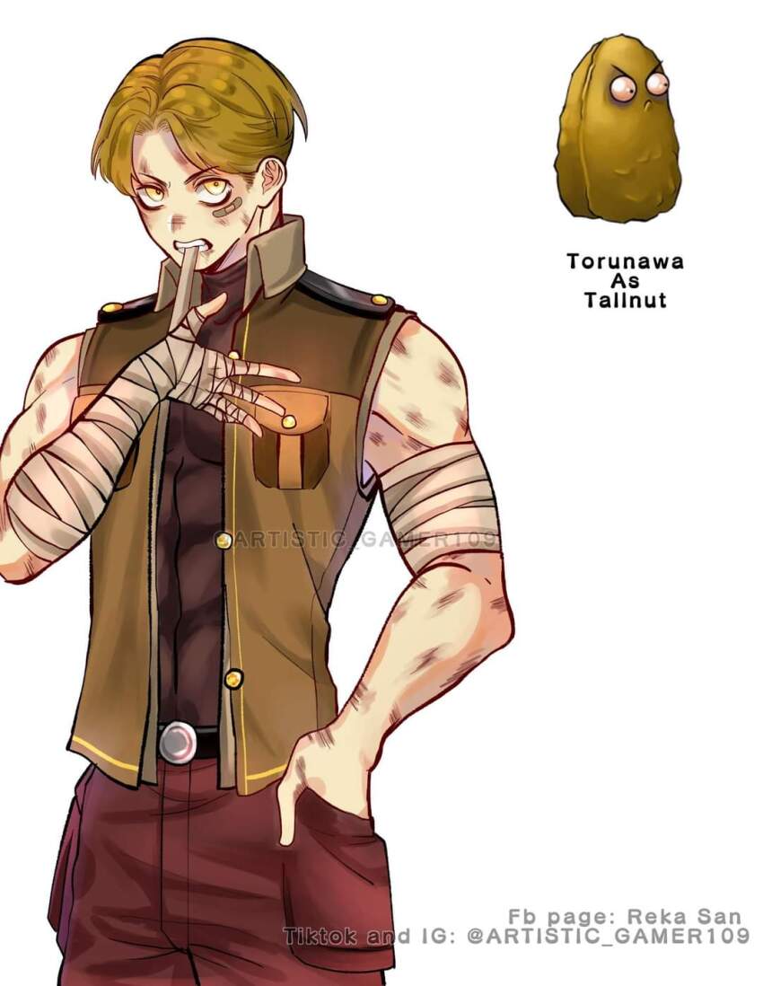 1boy adjusting_bandages angry bandaged_arm bandaged_hand bandages bandaid bandaid_on_cheek bandaid_on_face belt black_belt breast_pocket brown_hair brown_pants brown_shirt bruise bruise_on_arm character_name clenched_teeth collared_shirt commentary_request cowboy_shot dark_brown_pants frown furrowed_brow hand_in_pocket hand_up high_collar highres humanization injury jacket looking_to_the_side male_focus multicolored_shirt muscular muscular_arms muscular_male pants pectorals personification plants_vs_zombies pocket reka-san shirt short_hair simple_background skin_tight skin_tight_clothing sleeveless sleeveless_jacket sleeveless_shirt tagme tall-nut_(plants_vs_zombies) tank_top teeth toned toned_male toned_stomach turtleneck turtleneck_shirt walnut white_background yellow_eyes yellow_jacket yellow_stripes